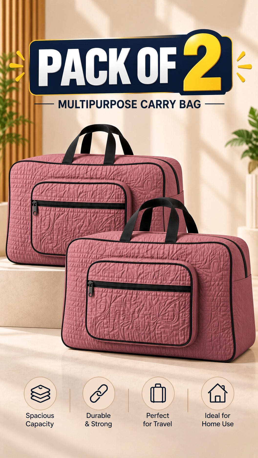 Signature Carry Ease Quilted Bag - Storage & Travelling Bag (Dark Pink)